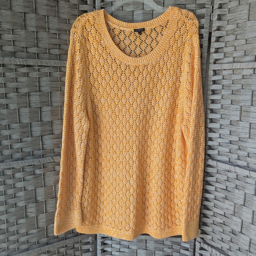Talbots Sweater Yellow White Marled Open Knit Pointelle Scoop Neck Sz 2X Sunny